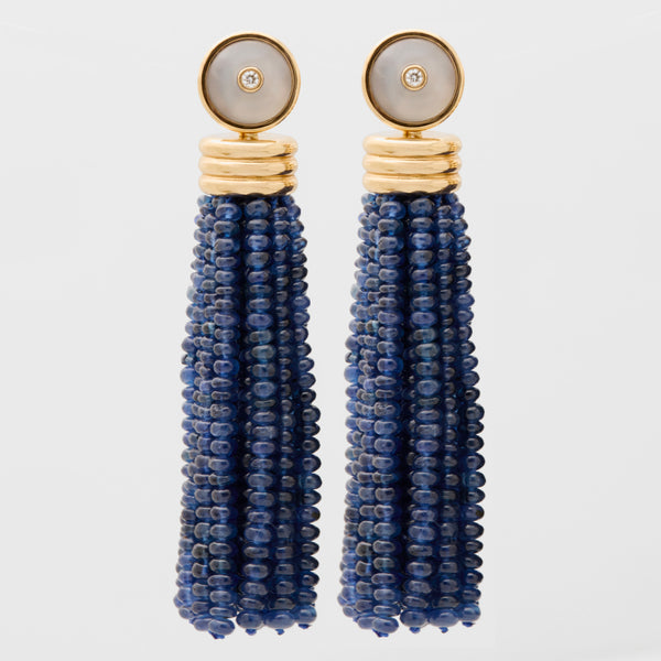 Triple Tassel Blue Sapphire Earrings with Blue Chalcedony Diamond Studs, 18K Yellow Gold,
