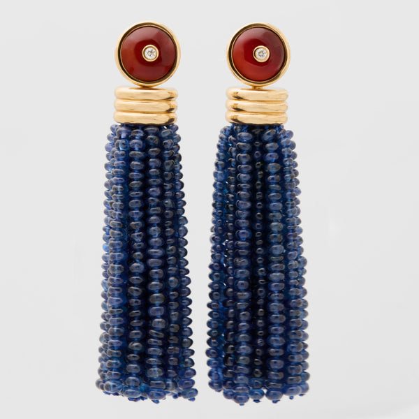 Triple Tassel Blue Sapphire Earrings with Red Chalcedony Diamond Studs, 18K Yellow Gold,