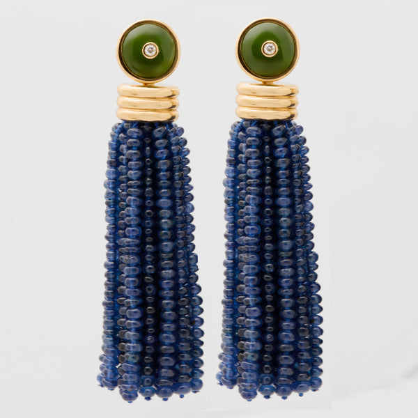 Triple Tassel Blue Sapphire Earrings with Nephrite Jade Diamond Studs, 18K Yellow Gold,