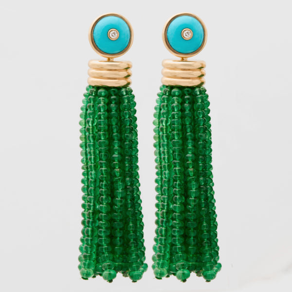 Triple Tassel Emerald Rondelles Earrings with Turquoise Diamond Studs, 18K Yellow Gold,