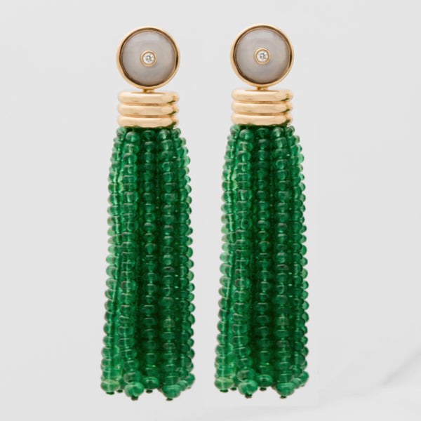 Triple Tassel Emerald Rondelles Earrings with Blue Chalcedony Diamond Studs, 18K Yellow Gold,