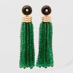 Triple Tassel Emerald Rondelles Earrings with Onyx Diamond Studs, 18K Yellow Gold,