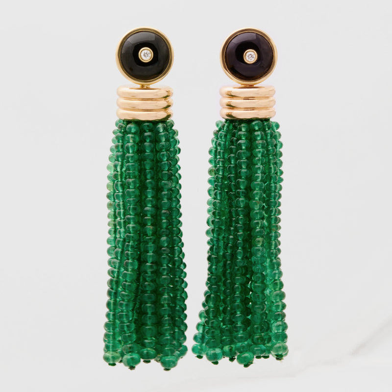 Triple Tassel Emerald Rondelles Earrings with Black Jade Diamond Studs, 18K Yellow Gold,
