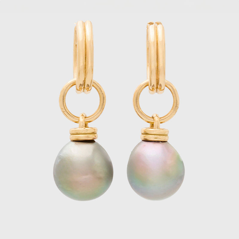 Tahitian Black Pearl Drops with Double Link Huggies, 18k Yellow Gold, Small (Pearl)