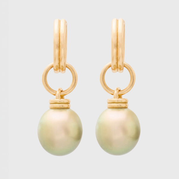 Tahitian Green Pearl Drops with Double Link Huggies, 18k Yellow Gold, Small (Pearl)