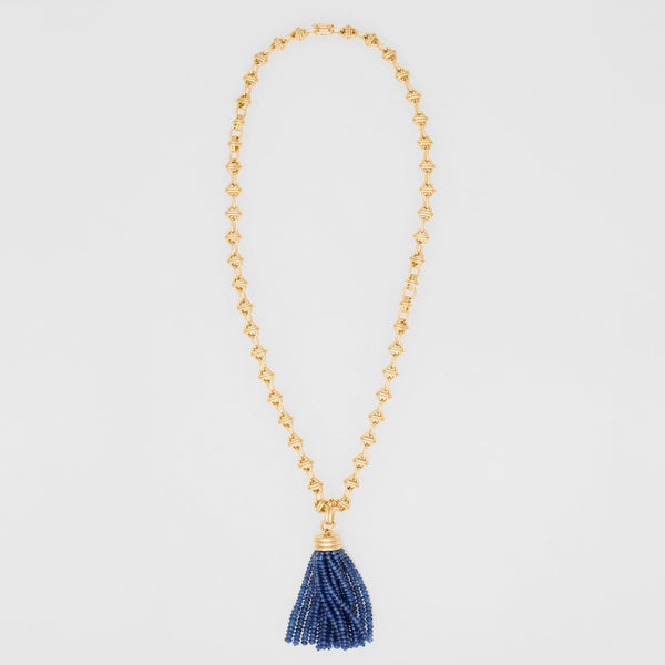 Triple Tassel Blue Sapphire Rondelles Pendant with Oval Link Necklace 18" Small, 18K Yellow Gold