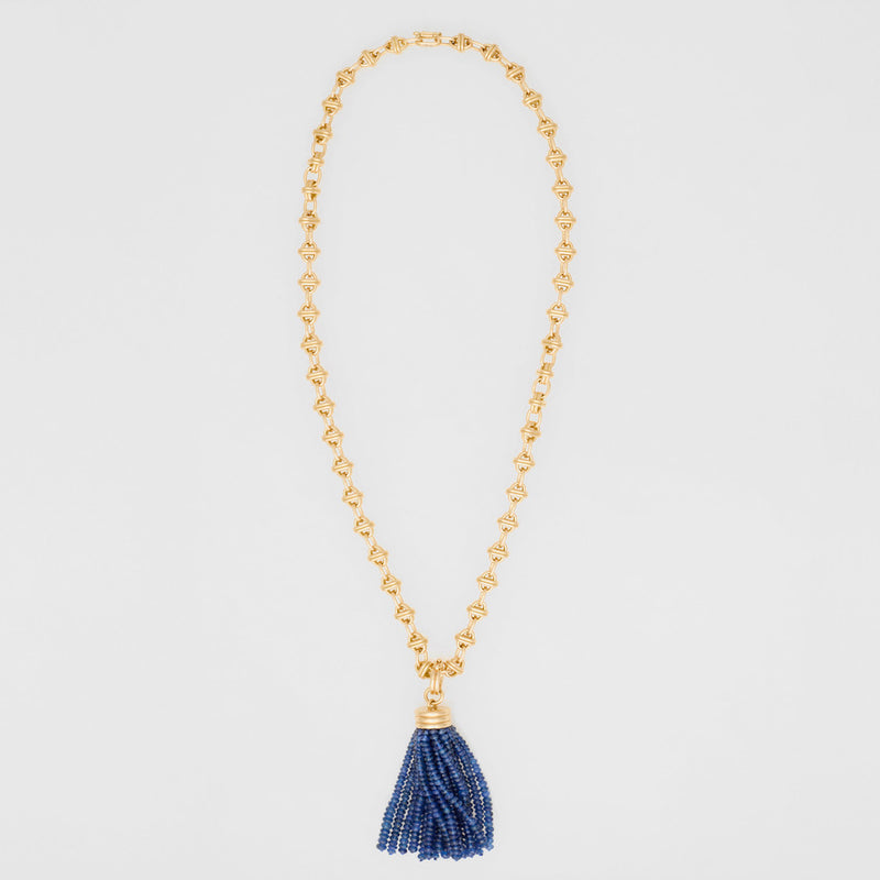 Triple Tassel Blue Sapphire Rondelles Pendant with Oval Link Necklace 18" Small, 18K Yellow Gold