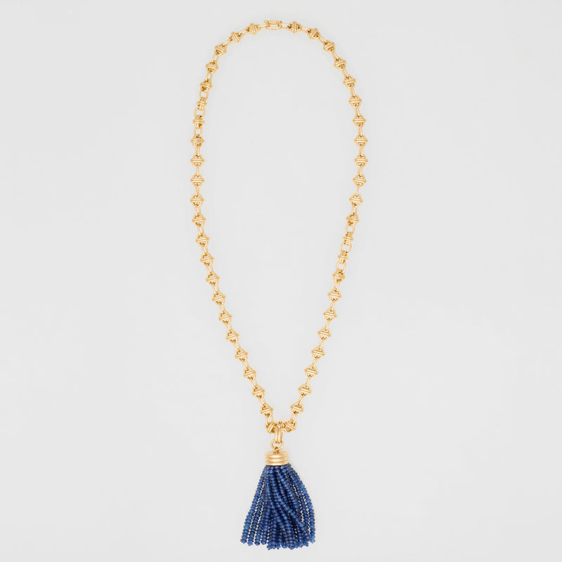 Triple Tassel Blue Sapphire Rondelles Pendant, 18K Yellow Gold