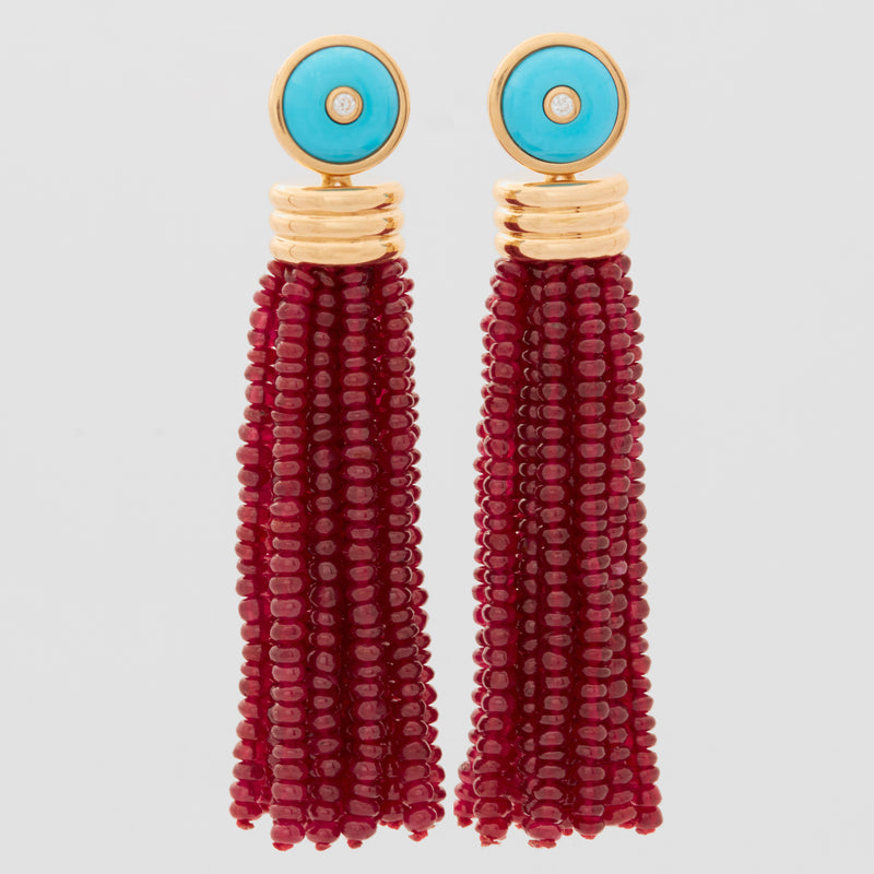 Triple Tassel Ruby Rondelles Earrings with Turquoise Diamond Studs, 18K Yellow Gold