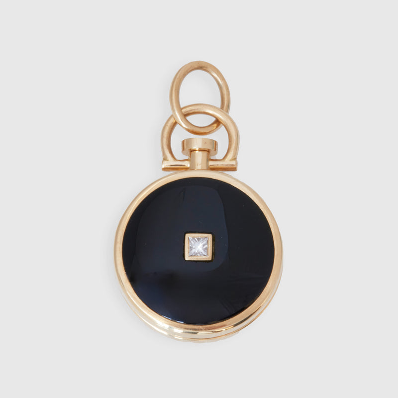 Reversible Diamond Circle Onyx Photo Locket 18k Yellow Gold (One side stone, one side barre)