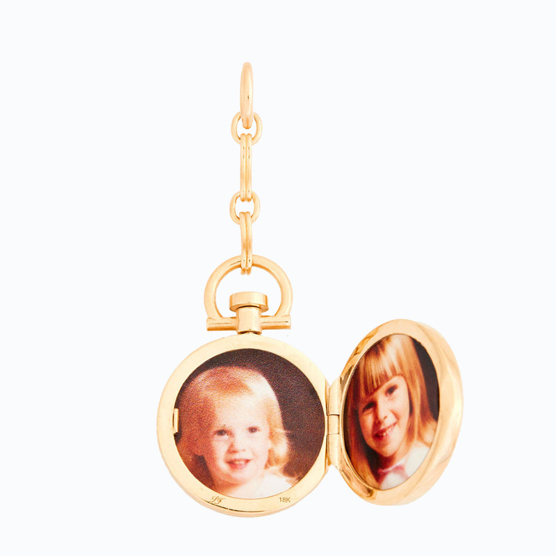 Reversible Circle Red Chalcedony Photo Locket with 1" Extension, 18k Yellow Gold (One Side Stone, One Side Barre)