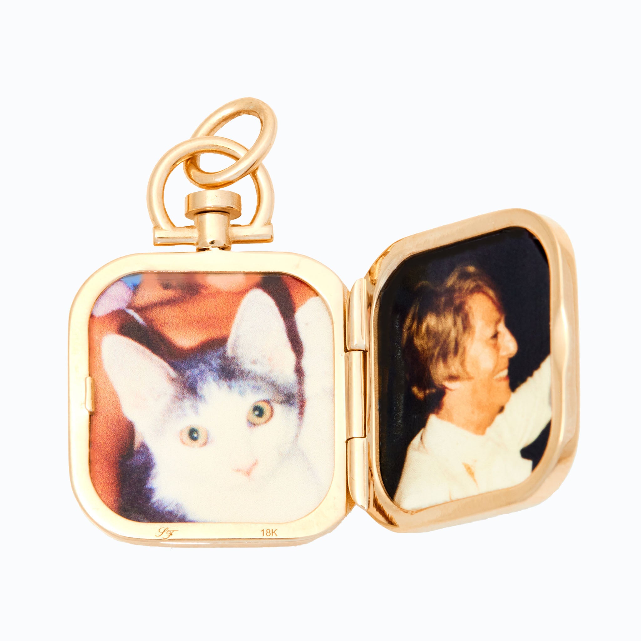 Reversible Square Nephrite Jade Barre Photo Locket 18k Yellow Gold (One Side Stone, One Side Barre)