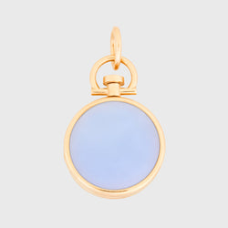 Reversible Circle Blue Chalcedony Photo Locket 18k Yellow Gold (One side stone, one side barre)