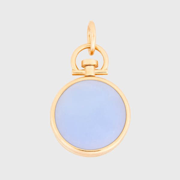 Reversible Circle Blue Chalcedony Photo Locket 18k Yellow Gold (One side stone, one side barre)
