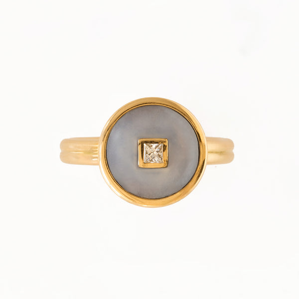 Diamond Blue Chalcedony Double Band Ring, 18K Yellow Gold