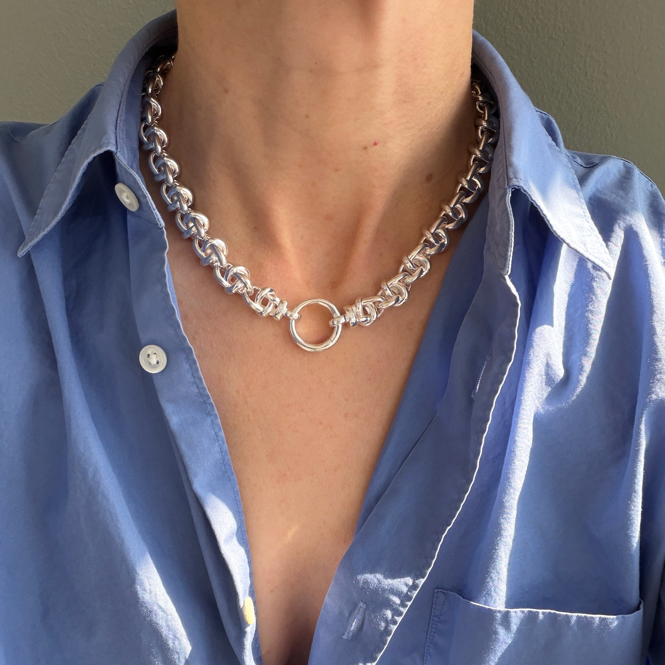 Interlocking Chain Necklace with Key Ring, Silver
