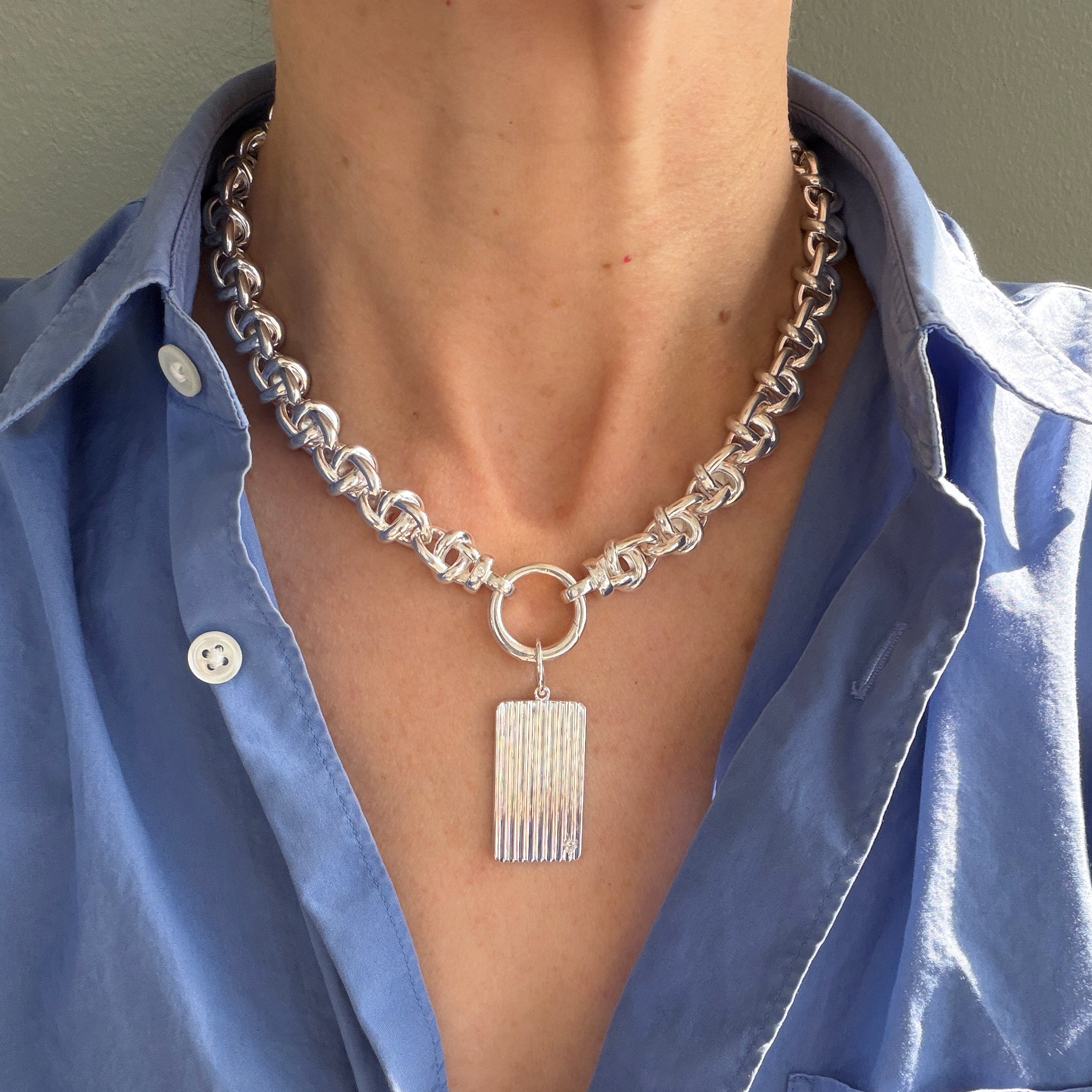 Interlocking Chain Necklace with Key Ring, Silver