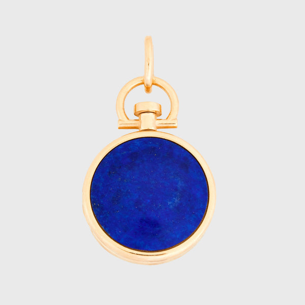 Reversible Circle Lapis Lazuli Photo Locket 18k Yellow Gold (One Side Stone, One Side Barre)