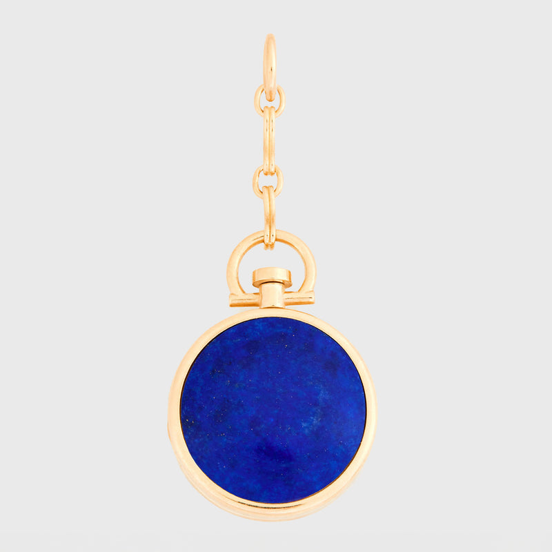 Reversible Circle Lapis Lazuli Photo Locket with 1" Extension, 18k Yellow Gold (One Side Stone, One Side Barre)