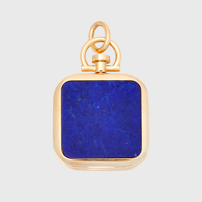 Reversible Square Lapis Lazuli Barre Photo Locket 18k Yellow Gold (One Side Stone, One Side Barre)