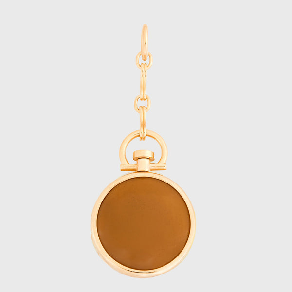 Reversible Circle Mustard Chalcedony Photo Locket 18k Yellow Gold with 1" Extension (One Side Stone, One Side Barre)