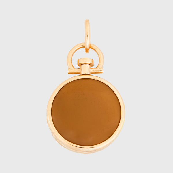 Reversible Circle Mustard Chalcedony Photo Locket 18k Yellow Gold (One Side Stone, One Side Barre)