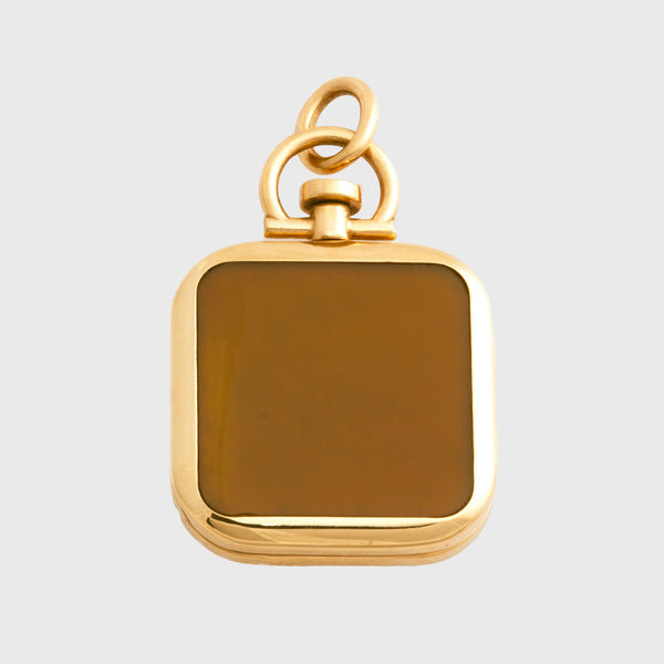 Reversible Square Mustard Chalcedony Barre Photo Locket 18k Yellow Gold (One Side Stone, One Side Barre)