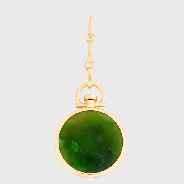 Reversible Circle Nephrite Jade Photo Locket with 1" Extension, 18k Yellow Gold (One Side Stone, One Side Barre)
