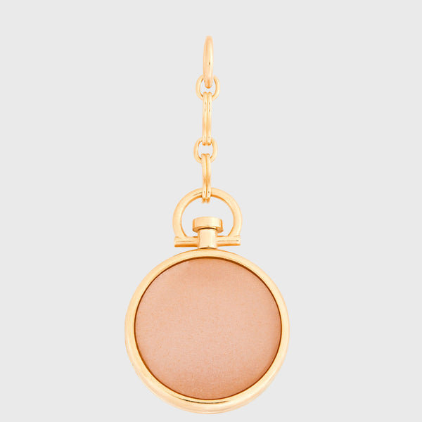 Reversible Circle Pink Moonstone Photo Locket with 1" Extension, 18k Yellow Gold (One Side Stone, One Side Barre)
