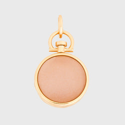 Reversible Circle Pink Moonstone Barre Photo Locket 18k Yellow Gold (One Side Stone, One Side Barre)