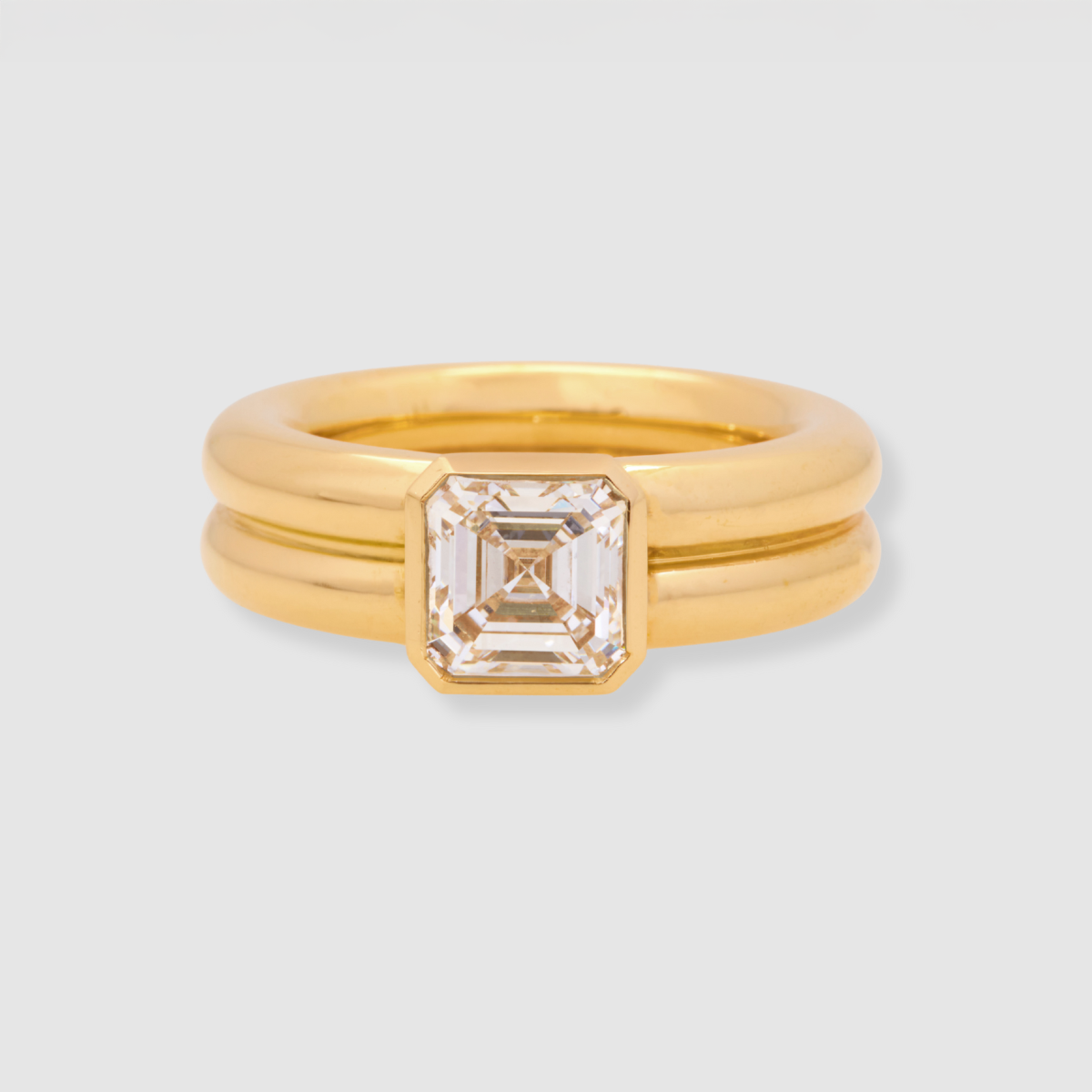 Diamond Double Band Asscher Ring, 18k Yellow Gold, Bezel Set