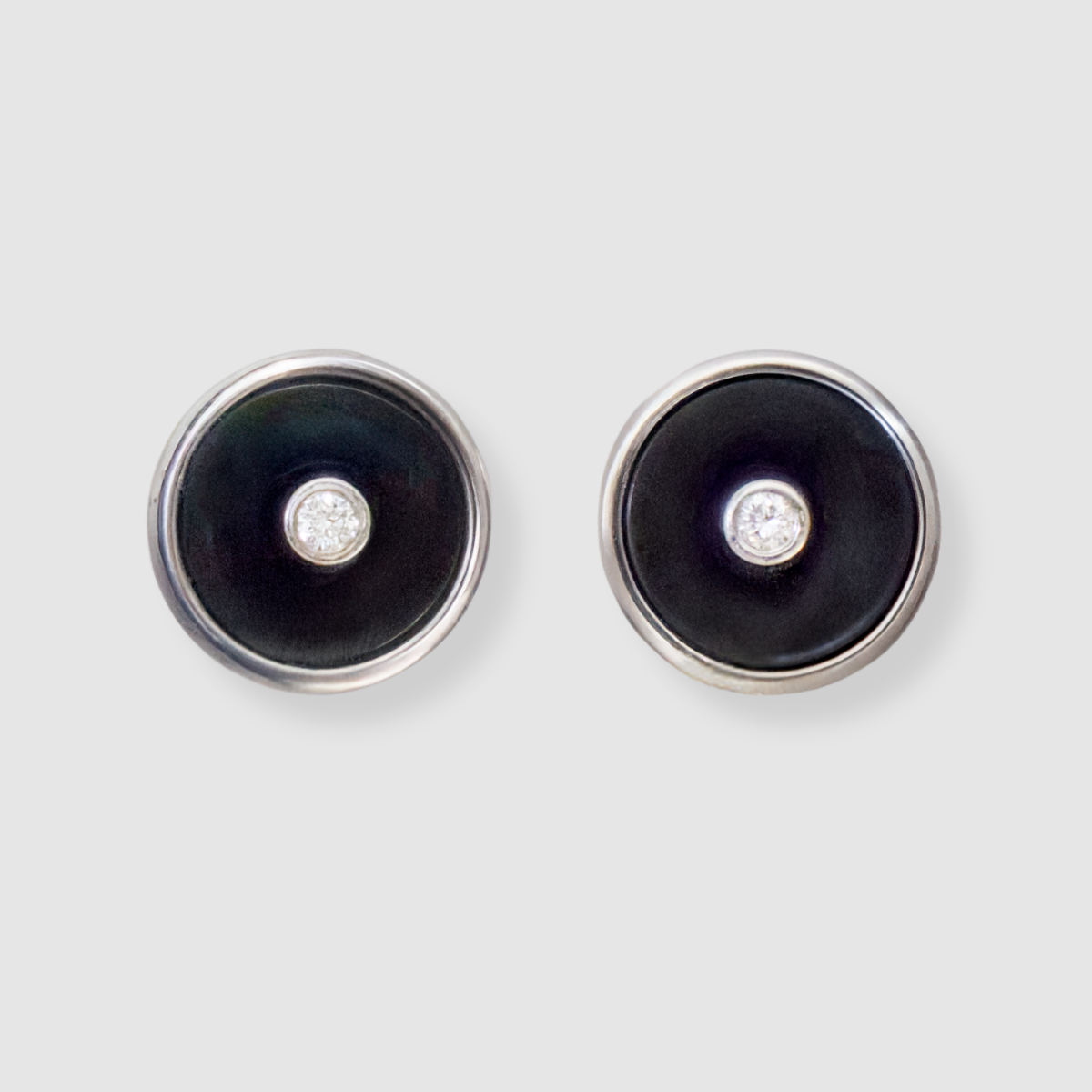 Round Onyx Diamond Studs, 18K White Gold, Small