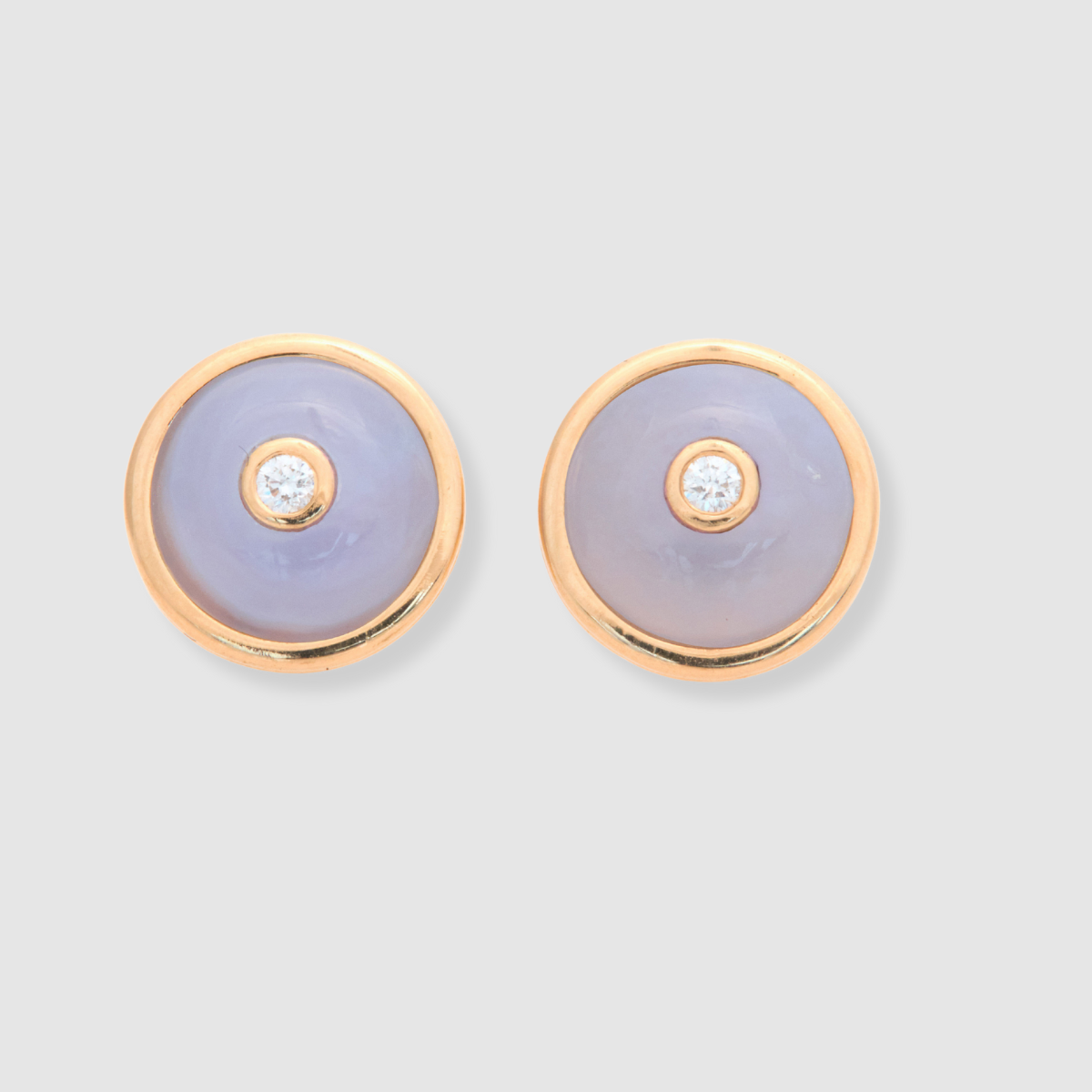 Round Blue Chalcedony Diamond Studs, 18K Yellow Gold,  Small