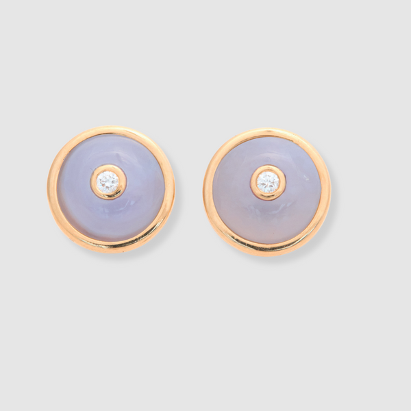 Round Blue Chalcedony Diamond Studs, 18K Yellow Gold,  Small