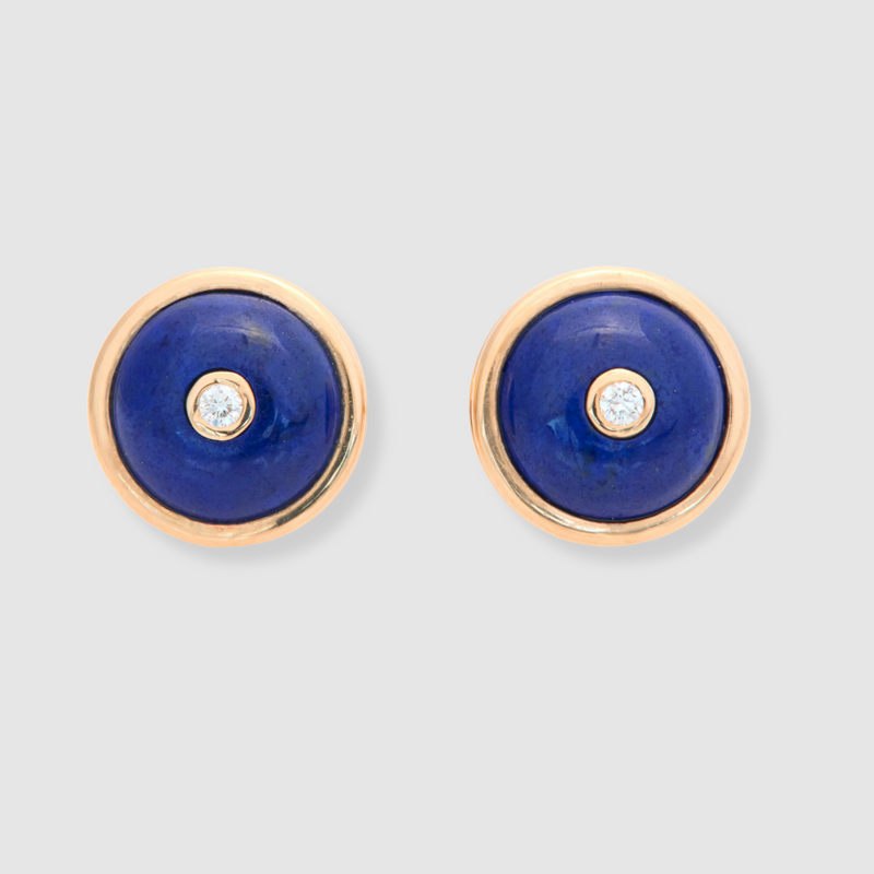 Round Lapis Lazuli Diamond Studs, 18K Yellow Gold, Small