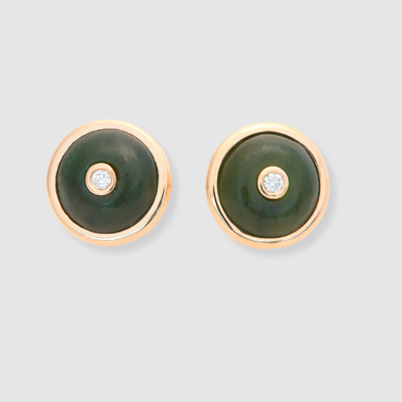 Round Nephrite Jade Diamond Studs, 18K Yellow Gold,  Small