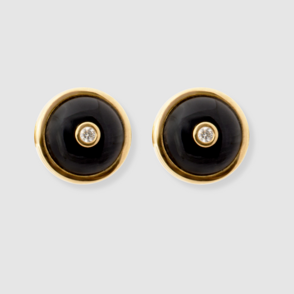 Round Onyx Diamond Studs, 18K Yellow Gold,  Small