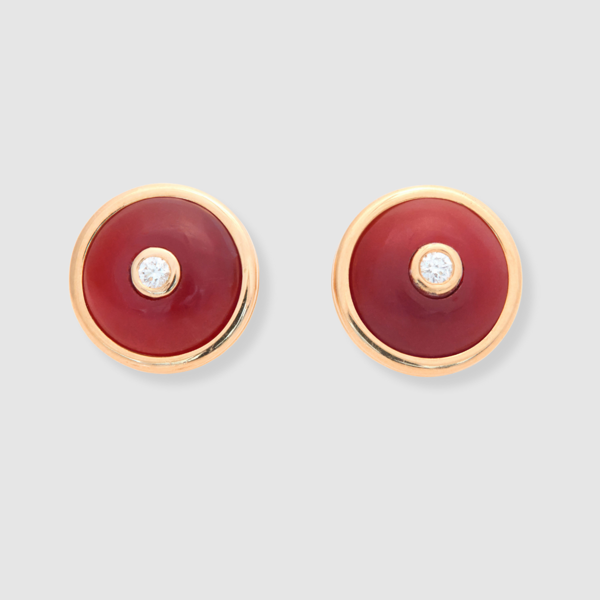 Round Burnt Red Chalcedony Diamond Studs, 18K Yellow Gold,  Small
