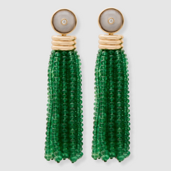 Triple Tassel Emerald Rondelles Earrings with Blue Chalcedony Diamond Studs, 18K Yellow Gold,