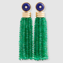 Triple Tassel Emerald Rondelles Earrings with Lapis Lazuli Diamond Studs, 18K Yellow Gold,