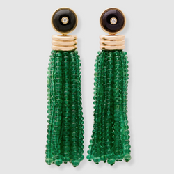 Triple Tassel Emerald Rondelles Earrings with Onyx Diamond Studs, 18K Yellow Gold