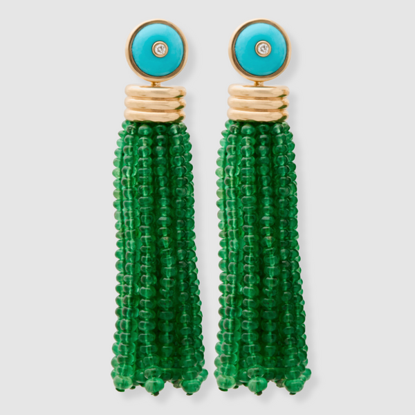 Triple Tassel Emerald Rondelles Earrings with Turquoise Diamond Studs, 18K Yellow Gold,