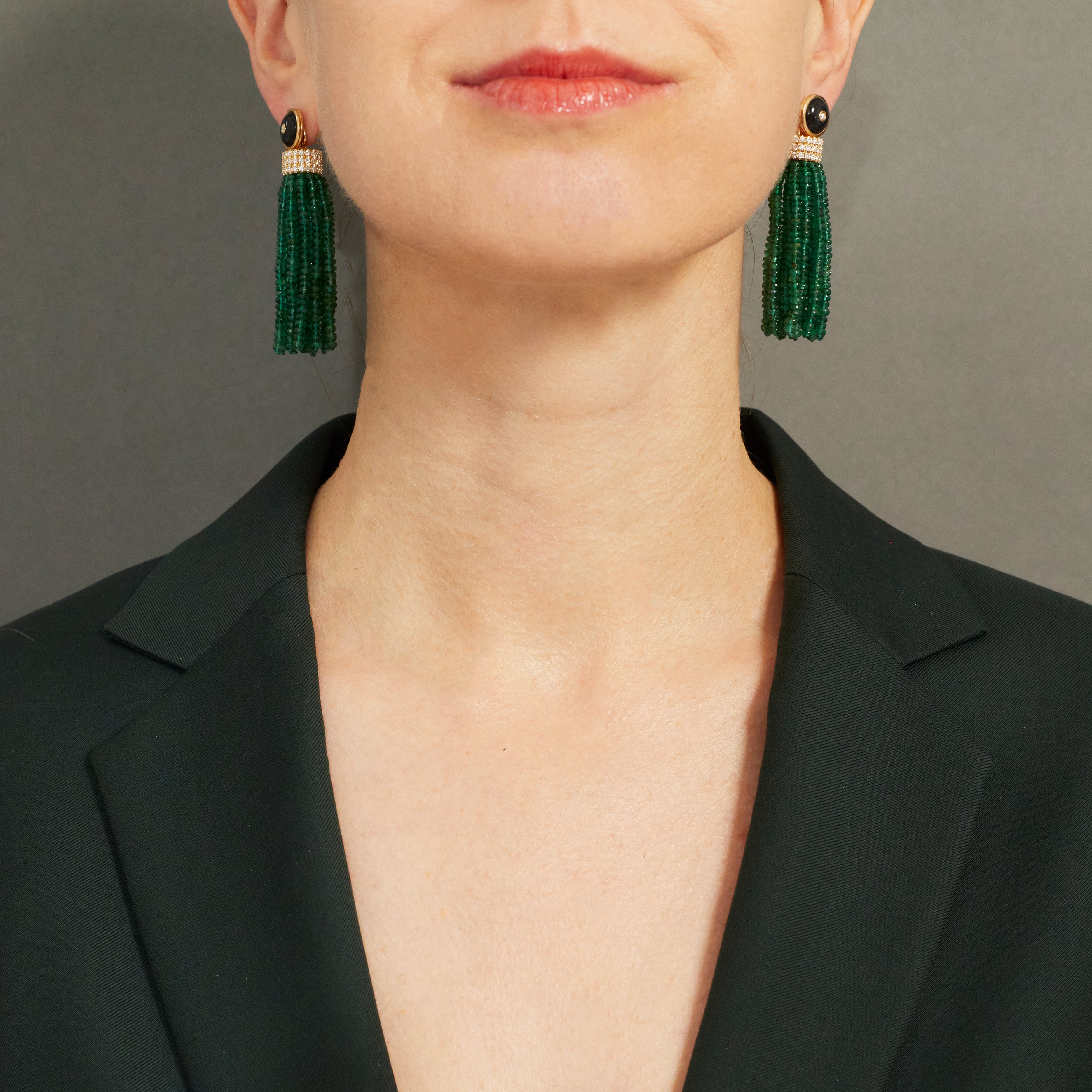 Triple Diamond Tassel Emerald Rondelles Earrings with Onyx Diamond Studs, 18K Yellow Gold