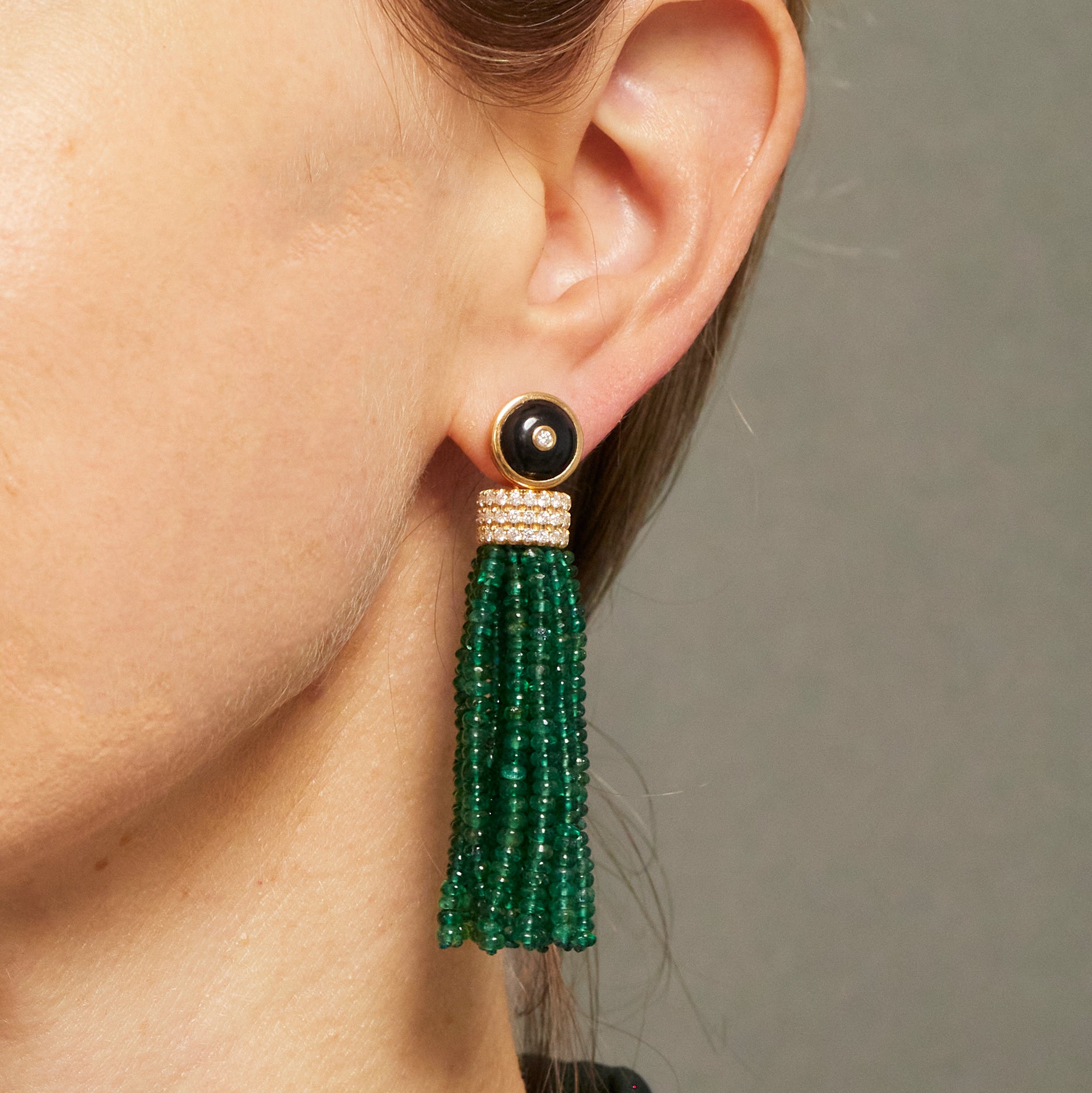 Triple Diamond Tassel Emerald Rondelles Earrings with Onyx Diamond Studs, 18K Yellow Gold