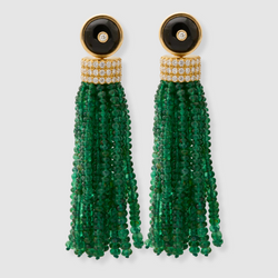 Triple Diamond Tassel Emerald Rondelles Earrings with Onyx Diamond Studs, 18K Yellow Gold