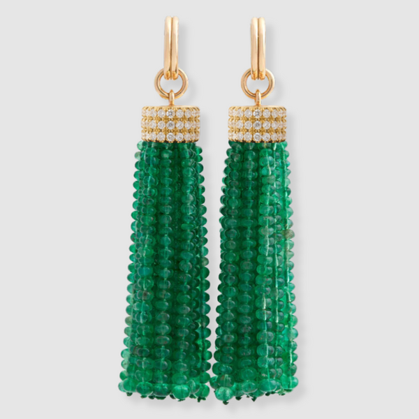 Triple Diamond Tassel Emerald Rondelles Earrings with Double Huggies, 18K Yellow Gold