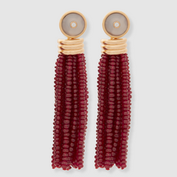 Triple Tassel Ruby Rondelles Earrings with Blue Chalcedony Diamond Studs, 18K Yellow Gold