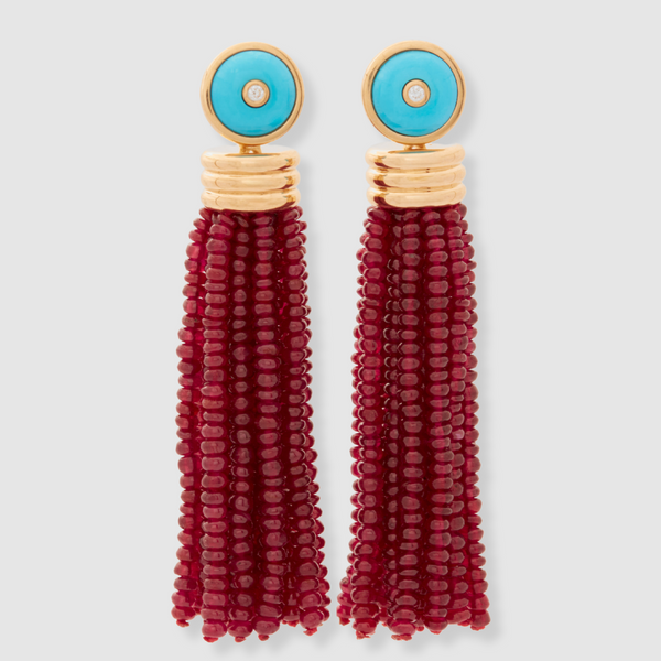 Triple Tassel Ruby Rondelles Earrings with Turquoise Diamond Studs, 18K Yellow Gold