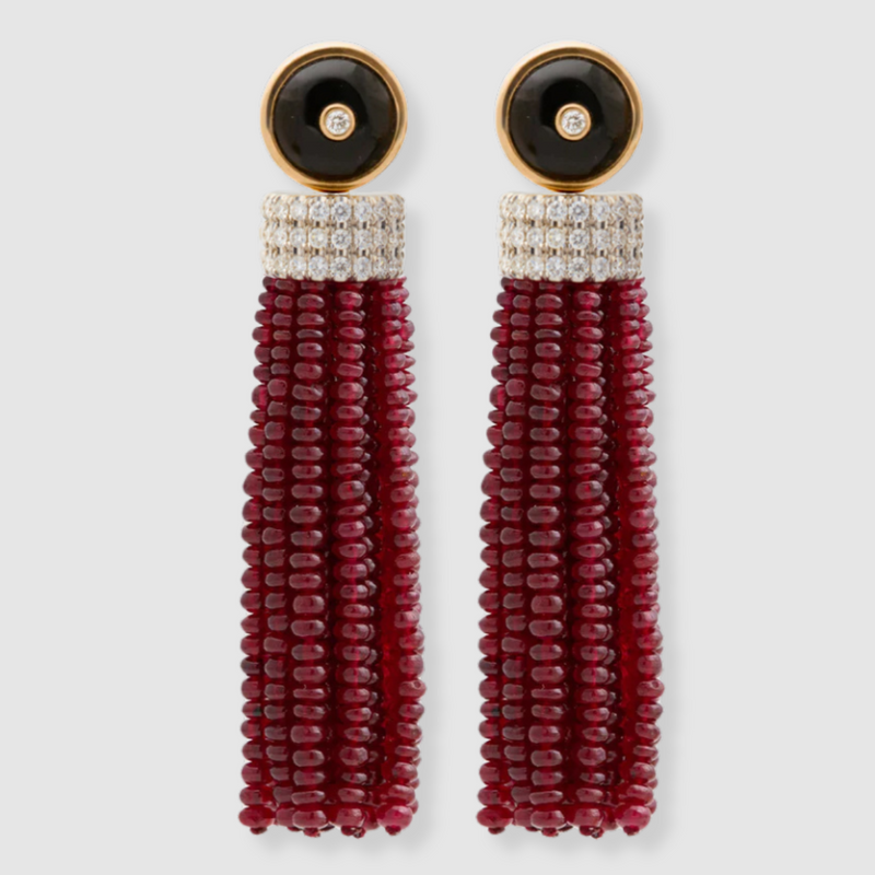 Triple Diamond Tassel Ruby Rondelles Earrings with Onyx Diamond Studs, 18k White Gold