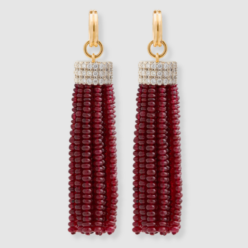 Triple Diamond Tassel Ruby Rondelles Earrings with Double Huggies, 18K White/Yellow Gold